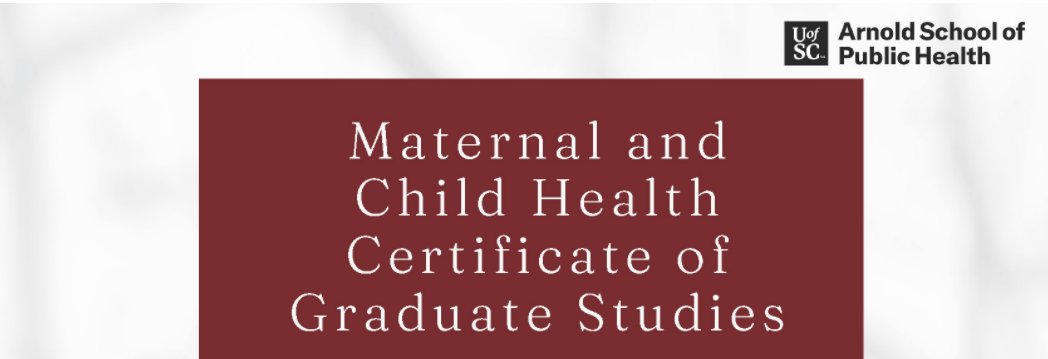 USCArnoldSchool's tweet photo. Are you interested in maternal and child health?

Our MCH Catalyst program is now offering a Certificate of Graduate Studies. Earn yours after just 15 credit hours ➡️ https://t.co/gf0urgynwo

@DegreesofHealth @GradSchoolatUSC @GHFellowsUofSC @SCHonorsCollege https://t.co/QtVui680YT