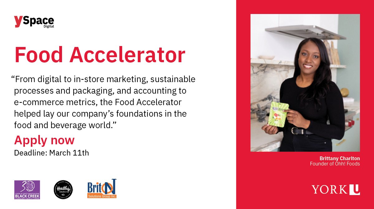 Applications close THIS Friday!

We want to help you grow your Food & Beverage Business! Apply to our 5-month accelerator program to fast-track your growth. Discover new distribution channels and more! Apply by March 11th: yspace.yorku.ca/food-accelerat…

#YSpace #YRFood #TorontoFood