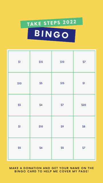 CCfdnIllinois's tweet photo. Kickoff Week Day 3: Here's something fun and new (and super easy too!)
Our Jr Leadership Council is posting this fun Take Steps BINGO board on their Instagram and other social accounts to get their friends to fill their board by picking squares and donating! #whyitakesteps https://t.co/1NsfsITDZe