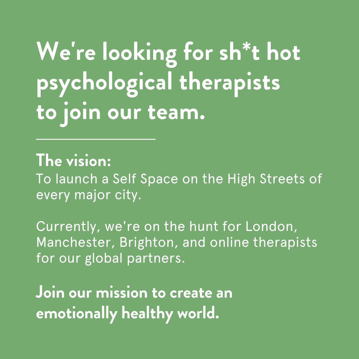theselfspace's tweet photo. Join our mission to create an emotionally healthy world: https://t.co/q4XSBeV7Ds 

Our therapists are grounded, therapeutically agile and deeply compassionate. If this sounds like you, get in touch via hey@theselfspace.com. 
#hiring #mentalhealthmatters #psychotherapist https://t.co/ABLoHJWpPO
