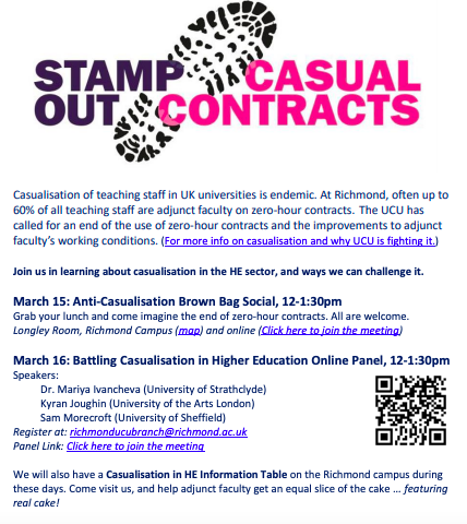 UCUrichmond's tweet photo. ✊💜Join us @UCUrichmond next week as we raise awareness and push for an end of casual contracts in #UKHigherEd with events Mon and Tues! Cc @UCUAnti_Cas ✊💜 https://t.co/cySLtNoXgu
