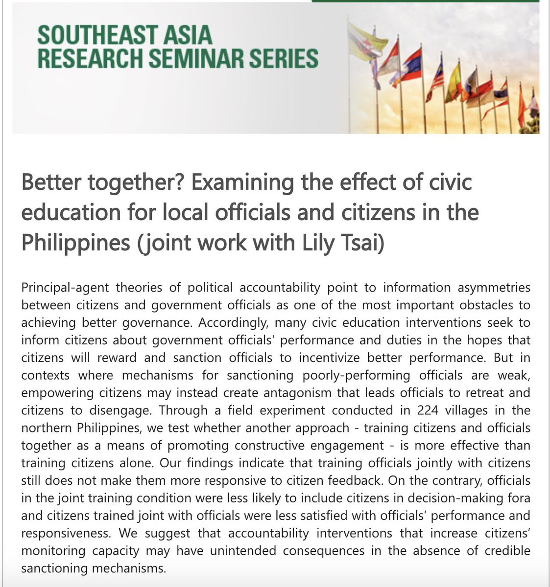 Dean Dulay (@deandulay) on Twitter photo Join me and <a href="/nmcmurry/">Nina McMurry</a> this Friday at 4 pm Singapore time for <a href="/sgSMUSOSS/">SMU School of Social Sciences</a> Southeast Asia Seminar Series! Nina will be presenting on the effects of civic education on local officials in the Philippines. @sebdettman <a href="/charlie_set/">Charlotte Setijadi</a>
Link here: smu-sg.zoom.us/meeting/regist… Join me and <a href="/nmcmurry/">Nina McMurry</a> this Friday at 4 pm Singapore time for <a href="/sgSMUSOSS/">SMU School of Social Sciences</a> Southeast Asia Seminar Series! Nina will be presenting on the effects of civic education on local officials in the Philippines. @sebdettman <a href="/charlie_set/">Charlotte Setijadi</a>
Link here: smu-sg.zoom.us/meeting/regist…