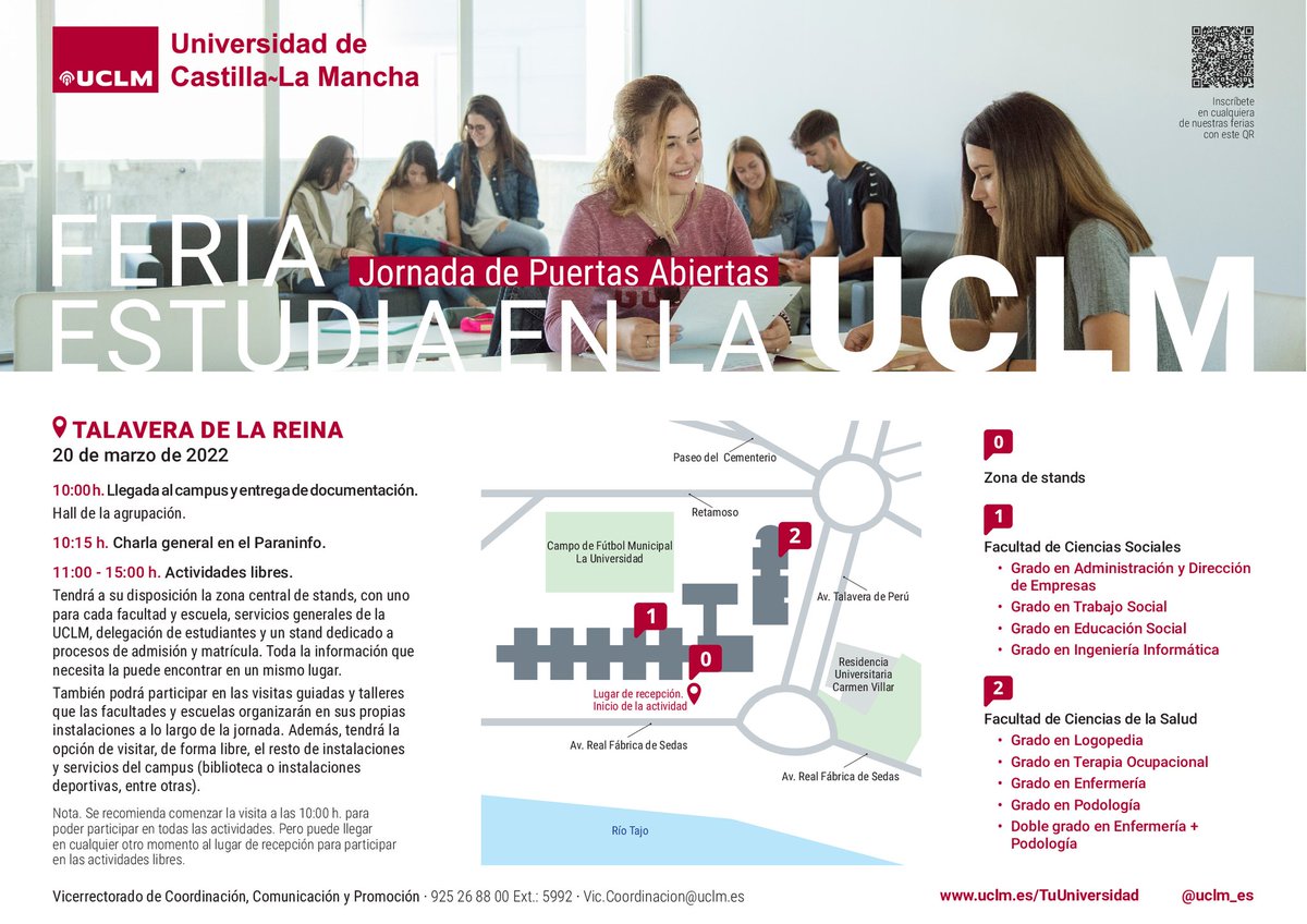 Como todos los años ya está aquí de nuevo la FERIA ESTUDIA EN LA UCLM.
En la jornada de puertas abiertas podrás conocer mejor las facultades y cada carrera establecerá stands donde estarán encantados de responder sus preguntas y dudas.
Os vemos el 20/03.
eventos.uclm.es/77625/detail/f…