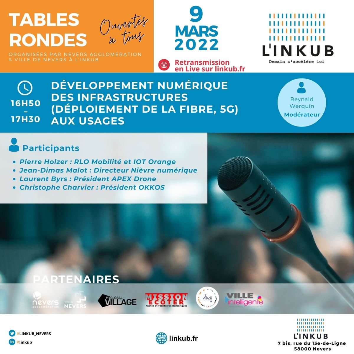 Tables rondes | L'INKUB #Nevers
9 mars 22 | 17h10-17h30
►Tables rondes : Développement numérique : des infrastructures (déploiement de la fibre, 5g) aux usages
En #live sur linkub.fr
#VilleIntelligente #TablesRondes #telecommunications #numerique #PFUE2022