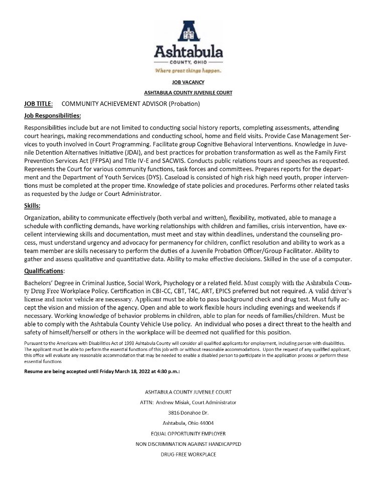 AshJuvProbCourt's tweet photo. ☑️ CAREER OPPORTUNITY

Please reference the qualifications for this position, which states that a Bachelors Degree is required. Applications will be accepted until March 18, 2022. https://t.co/DTwljVTcEu