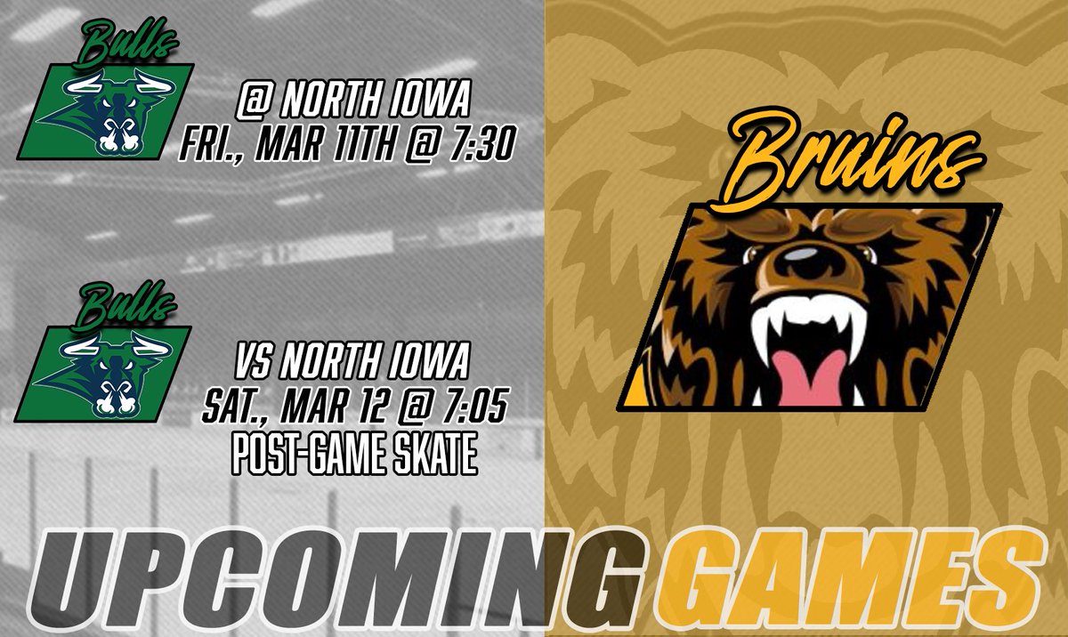 theaustinbruins's tweet photo. The Bruins return home on Saturday Night to take on the North Iowa Bulls! Following the game, there will also be a post-game skate with the team so don't miss out on a night of fun! Tickets are on sale now at Hy-Vee, Games People Play, and https://t.co/LFDyc9UQcT! https://t.co/a9eX1MqPVJ