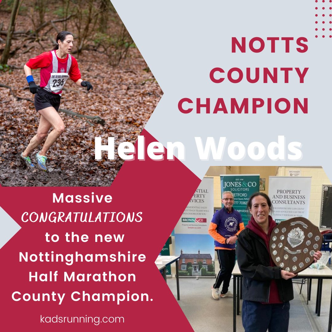 Huge CONGRATULATIONS to our very own Helen Woods. She was the first Nott's lady to cross the finish line at the Retford Half Marathon last weekend, making her the Notts County Champion!! 
We're all so proud of you Helen.
#kadsrunning #nottscountychampion