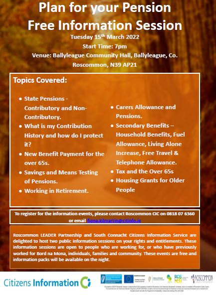 SouthConCIS's tweet photo. Join us for a fee information session on retirement &amp; pensions in Ballyleague, Co Roscommon next week 
@RoscommonHerald
@radiomidwest @shannonsidenews https://t.co/zHZQKfM0Gt