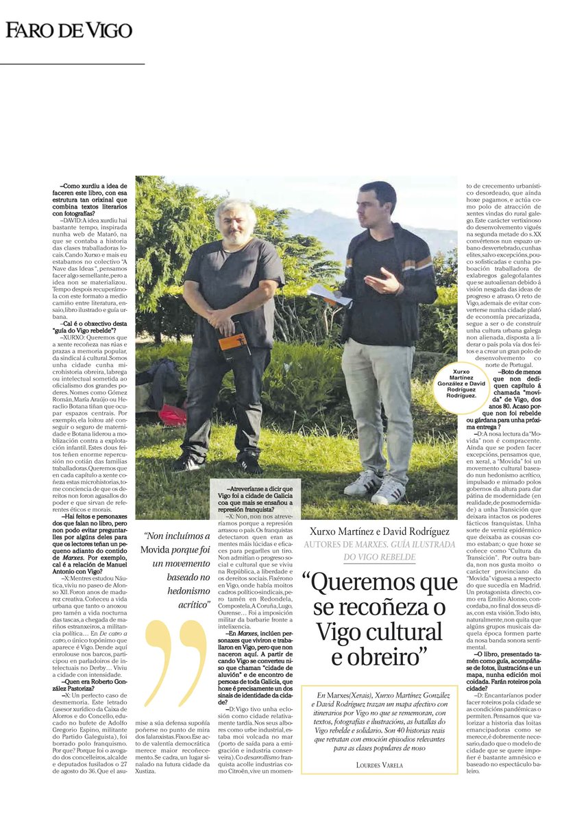 Xerais's tweet photo. Xurxo Martínez e David Rodríguez: «Queremos que se recoñeza o Vigo cultural e obreiro». Entrevista no «Faro de Vigo» sobre: «Marxes. Guía ilustrada do Vigo rebelde»
#Vigo #Marxes #VigoRebelde 
@Ofunambulista
https://t.co/VGQu4Bv9mB https://t.co/RPk0jktFq5