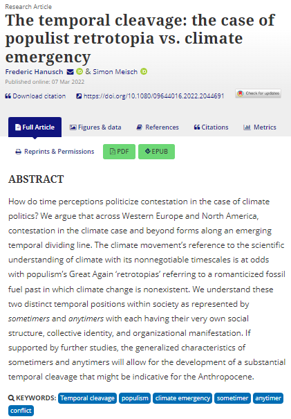 In 'The temporal cleavage: the case of populist retrotopia vs. #climate emergency' Frederic Hanusch & @simon_meisch explain the conflict between 'non-negotiable science' with populism’s 'Great Again' bit.ly/3hVcaIO #OpenAccess