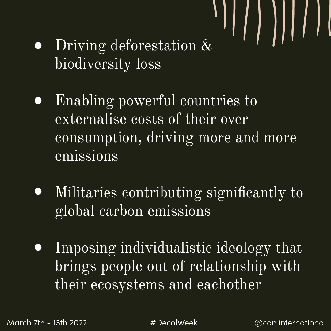 Colonisation also drives #ClimateChange by...

🌳  Driving deforestation &amp; biodiversity loss
📈  Enabling powerful countries to externalise costs of their over-consumption
❌  Militaries contributing significantly to carbon emissions

#DecolWeek #MovementPower4ClimateAction