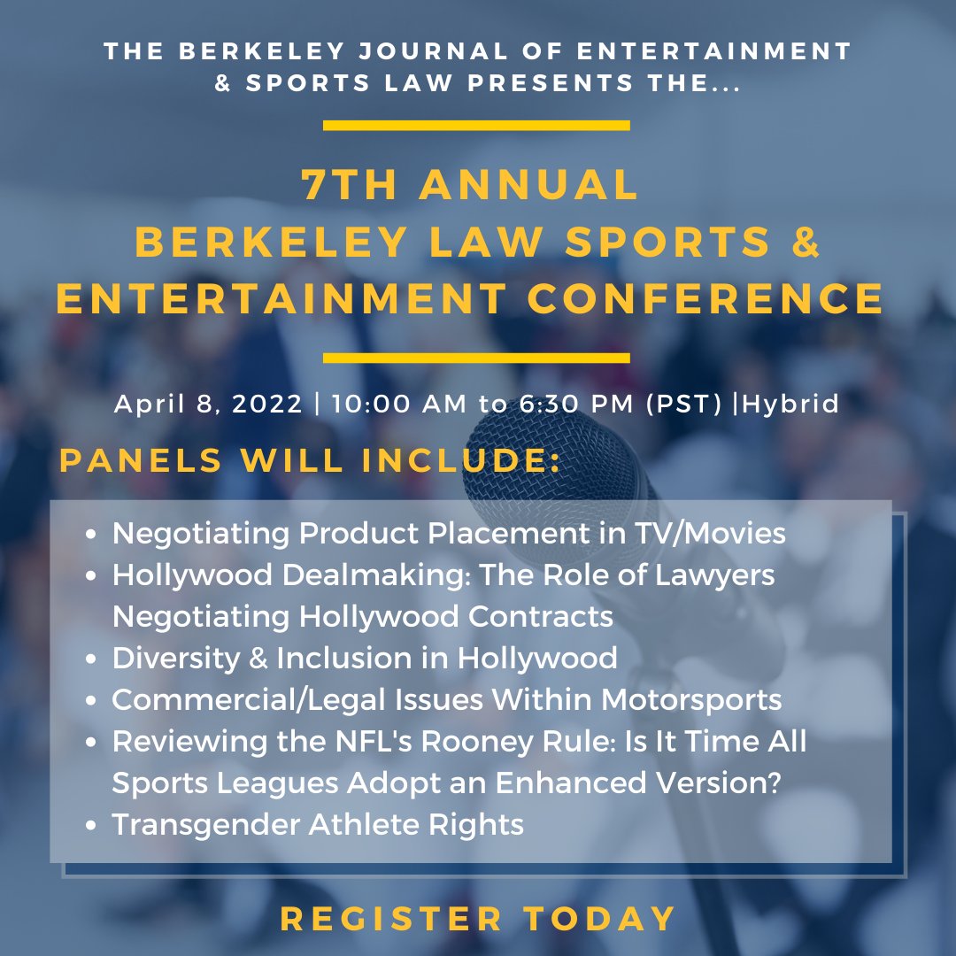 We've got some great panels lined up for our Berkeley Law Sports &amp; Entertainment Conference!

Registration is FREE: lnkd.in/gmnFnuUU

#law #sports #entertainment #lawstudent #negotiation #hollywood #dealmaking #productplacement #DEI  #commerciallaw #NFL #transgenderrights
