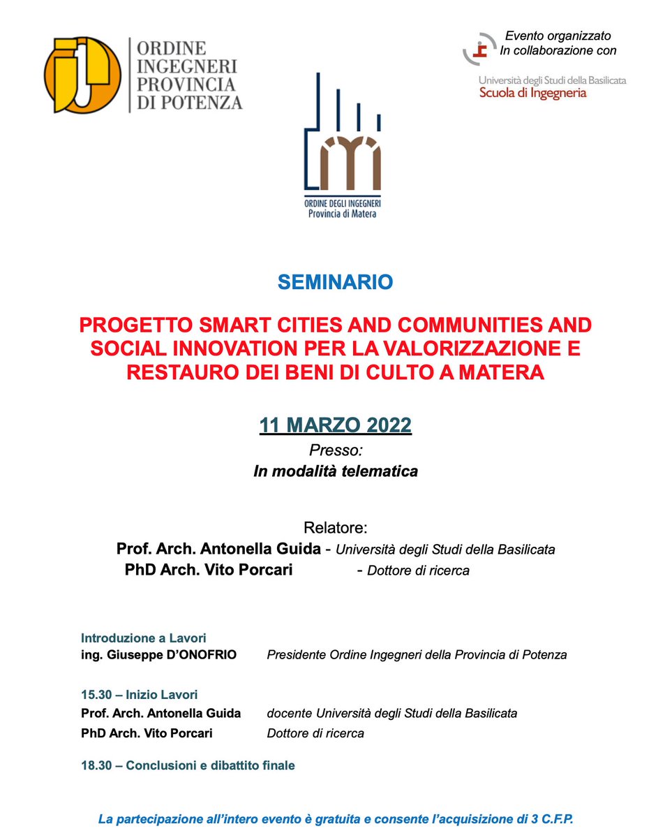 OrdineIngPZ's tweet image. ORDINGPZ e ORDINGMT, con UNIBAS, hanno organizzato un seminario-webinar dal titolo “PROGETTO SMART CITIES AND COMMUNITIES AND SOCIAL INNOVATION PER LA VALORIZZAZIONE E RESTAURO DEI BENI DI CULTO A MATERA”
Maggiori info: ordingpz.it/news/webinar-p…

#RESTAURO #UNIBAS #SMARTCITIES