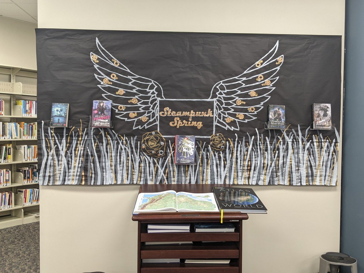 TakiZyn's tweet photo. Finished painting and hanging this Steampunk Spring library display.

#library #GeorgeMemorialLibrary #RichmondTX https://t.co/rYeyoproWF