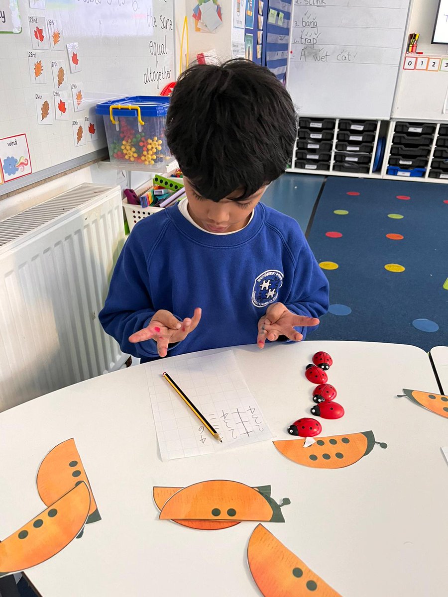 How can Reception children practice doubling numbers?

Find the matching ladybird halves, count the number of dots and then write the equation for the double 🐞 #NWFed #EYFS #Maths