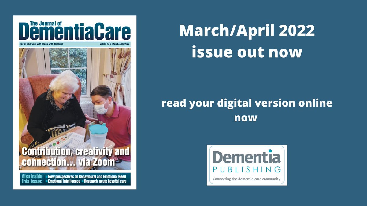 JDementiaCare's tweet photo. The new issue of Journal of Dementia Care is now available
  
In the March/April issue read about:
Contribution, creativity and collaboration... on zoom
New Perspectives on behavioural and emotional needs
And much more!

Login at https://t.co/VWGOtzEn6R to read your issue https://t.co/W4WNp1ZPYz