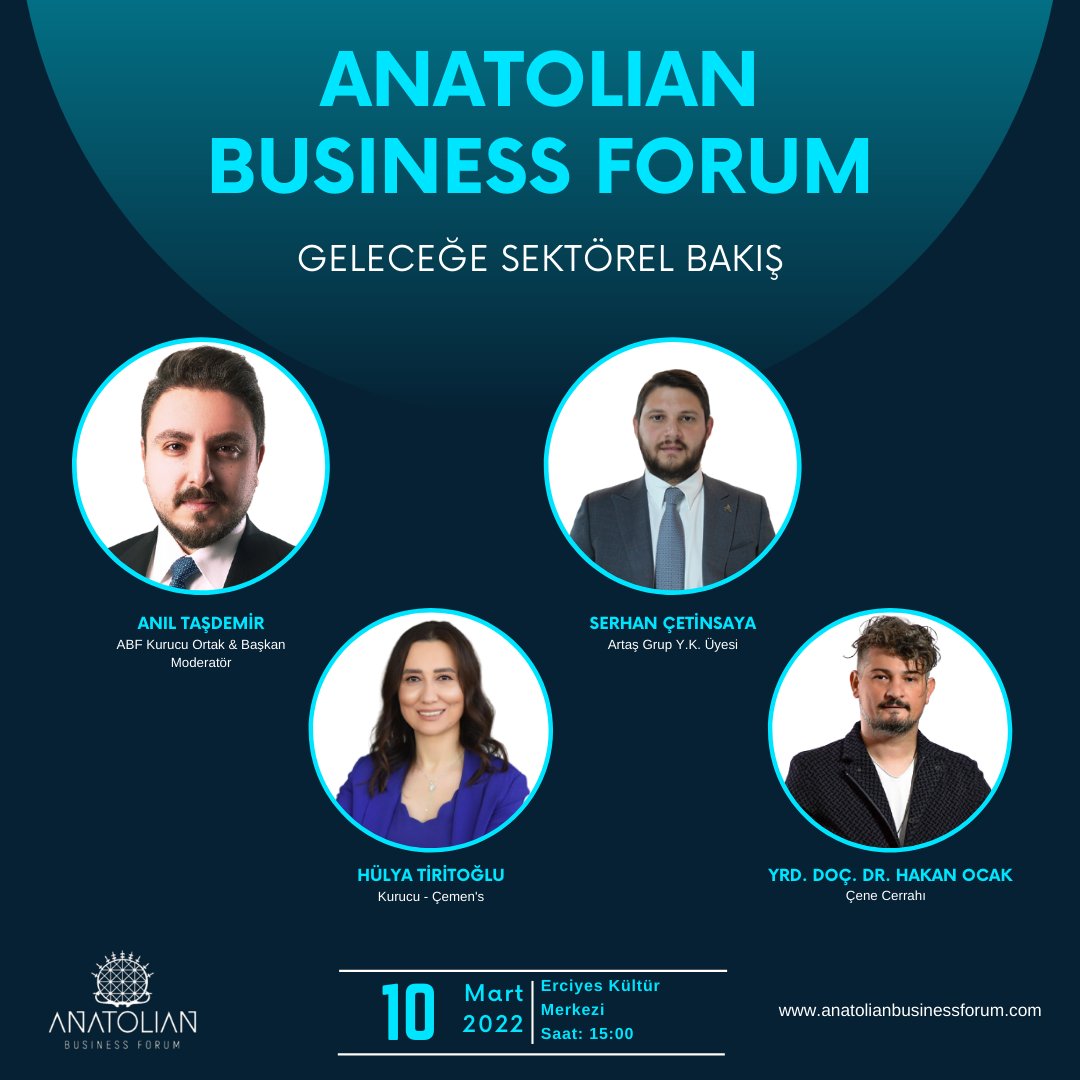 'Geleceğe Sektörel Bakış' adlı paneli, 10 Mart perşembe günü saat: 15:00'da Kayseri EKM' de işin uzmanlarından hep birlikte dinleyeceğiz.
<a href="/ianiltasdemir/">İbrahim Anıl Taşdemir</a>
#anatolianbusinessforum #geleceğesektörelbakış #ibrahimanıltaşdemir #serhancetinsaya  #hülyatiritoğlu #yrddoçdrhakanocak
