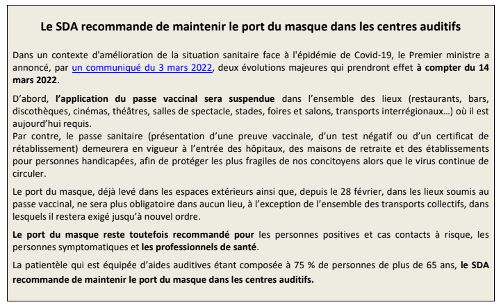 syndicat_audio's tweet image. 😷 Gardons le masque en centre auditif
La patientèle qui est équipée d’aides auditives est composée à 75 % de personnes de plus de 65 ans, le SDA recommande de maintenir le port du masque dans les centres auditifs.
#GardonsLeMasque #audiologie