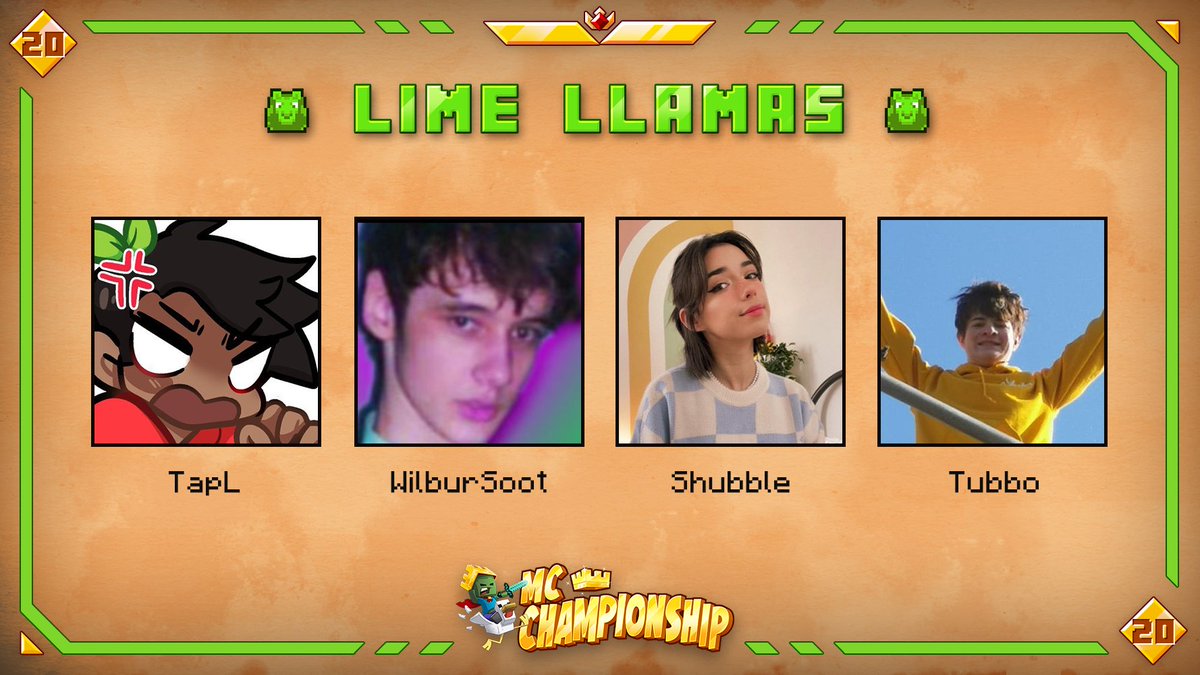 MCChampionship_'s tweet image. 👑 Announcing team Lime Llamas 👑

@TapLHarV @WilburSoot @shelbygraces @TubboLive

Watch them in MCC on Saturday March 26th at 8pm GMT!