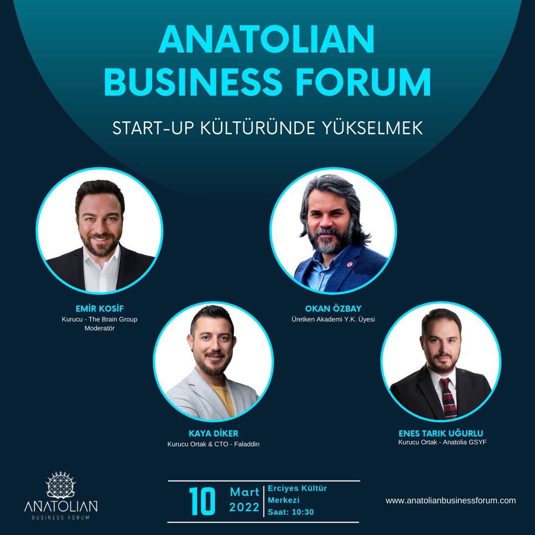 'Start-Up Kültüründe Yükselmek' adlı paneli, 10 Mart perşembe günü saat: 10:30'da Kayseri EKM' de işin uzmanlarından hep birlikte dinleyeceğiz.
<a href="/kayadiker/">Kaya Diker</a>
@TheBrainGroup
#anatolianbusinessforum #startupkültüründeyükselmek #emirkosif #okanözbay #kayadiker #enestarıkuğurlu