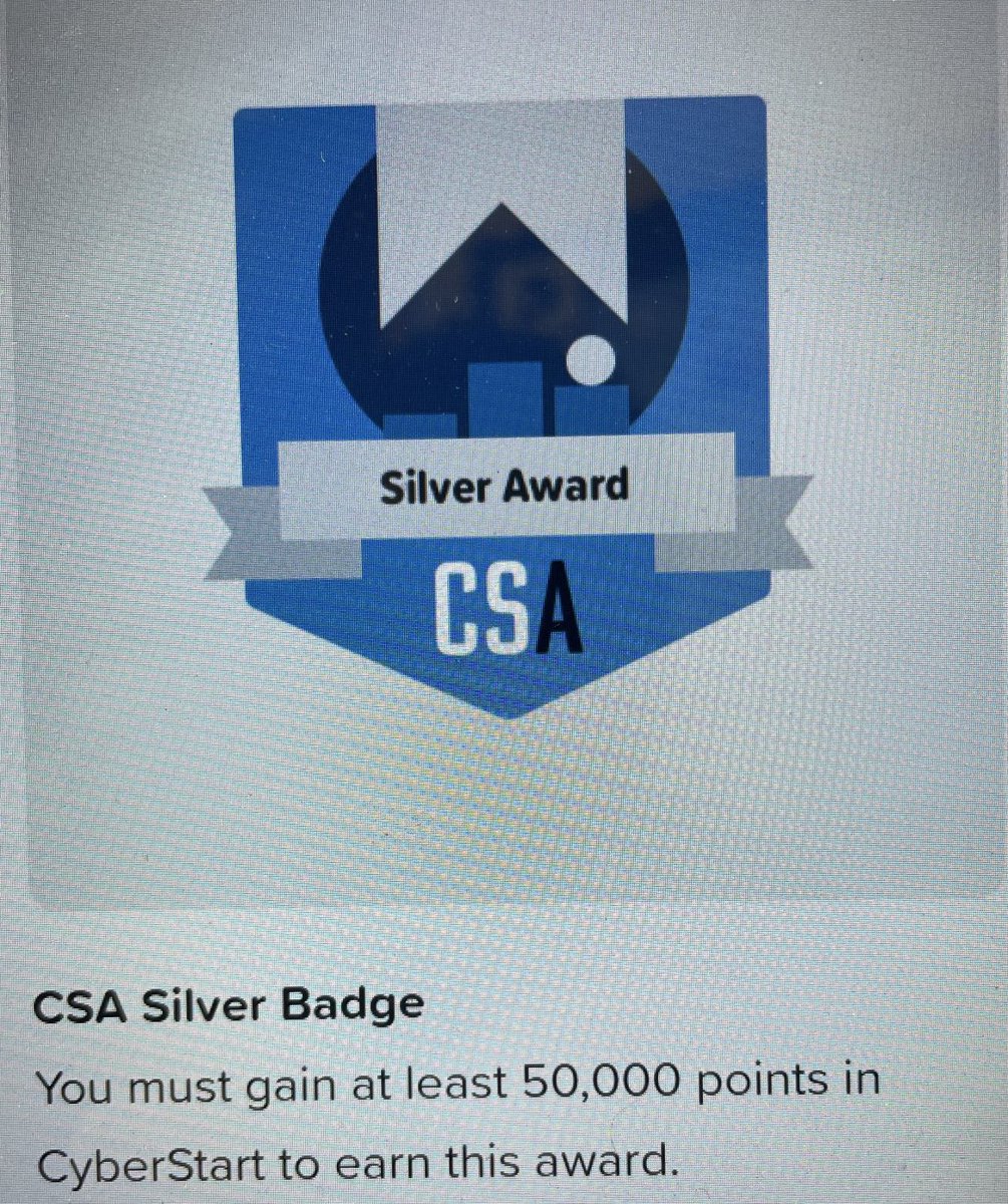 Congratulations to Disha Pure for earning the Silver Badge in ⁦<a href="/CyberStartUSA/">CyberStart America</a>⁩ ⁦<a href="/hilltopspartan/">Montour High School</a>⁩ ⁦<a href="/MrsKCrawshaw/">Kylee Crawshaw</a>⁩ #montourproud