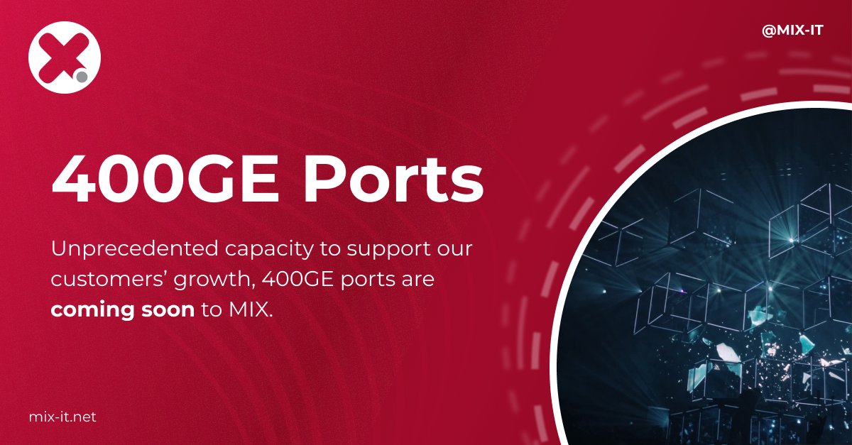 🚀 We are pleased to announce that 400GE ports will be coming soon to MIX! These additions further enhance the powerful, high-capacity services we provide for our peering customers in Italy.
👉Learn more about #peering at MIX ow.ly/rPFM50IeKe7
#Internet #network #IXP