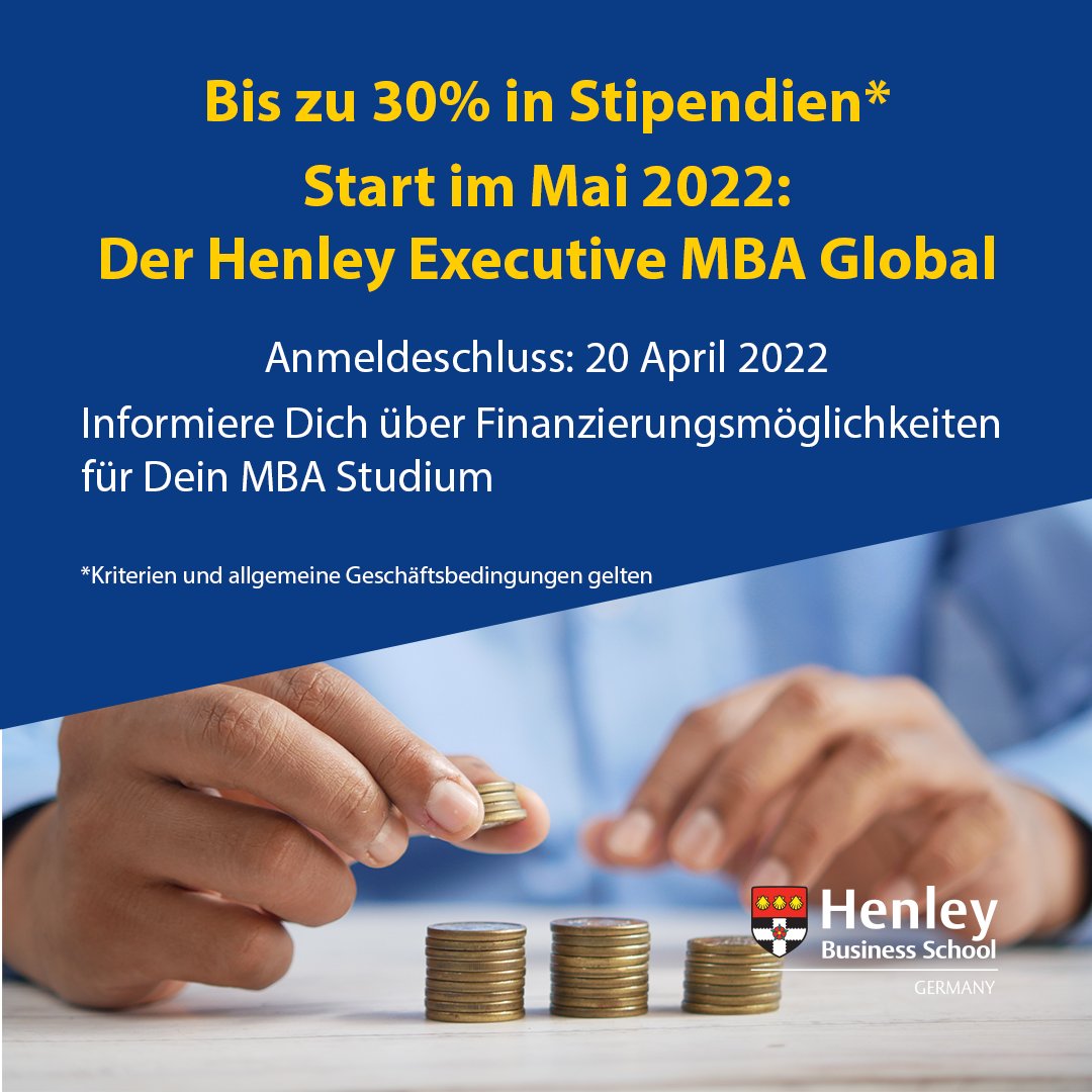 Finanzierungsmöglichkeiten für Dein Traumstudium. Finde alles heraus über den Executive MBA Global von Henley Business School. 
hubs.ly/Q015BGyY0