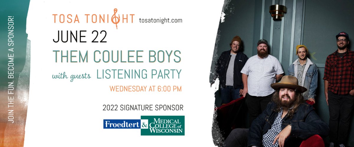 Tosa Tonight (@tosatonight) on Twitter photo Tosa Tonight is thrilled to announce our first concert of 2022. On June 22nd we will welcome <a href="/ThemCouleeBoys/">Them Coulee Boys</a> with guests <a href="/ListeningPrty/">Listening Party</a>.
This is going to be a good one, folks. Mark your calendars today! Tosa Tonight is thrilled to announce our first concert of 2022. On June 22nd we will welcome <a href="/ThemCouleeBoys/">Them Coulee Boys</a> with guests <a href="/ListeningPrty/">Listening Party</a>.
This is going to be a good one, folks. Mark your calendars today!