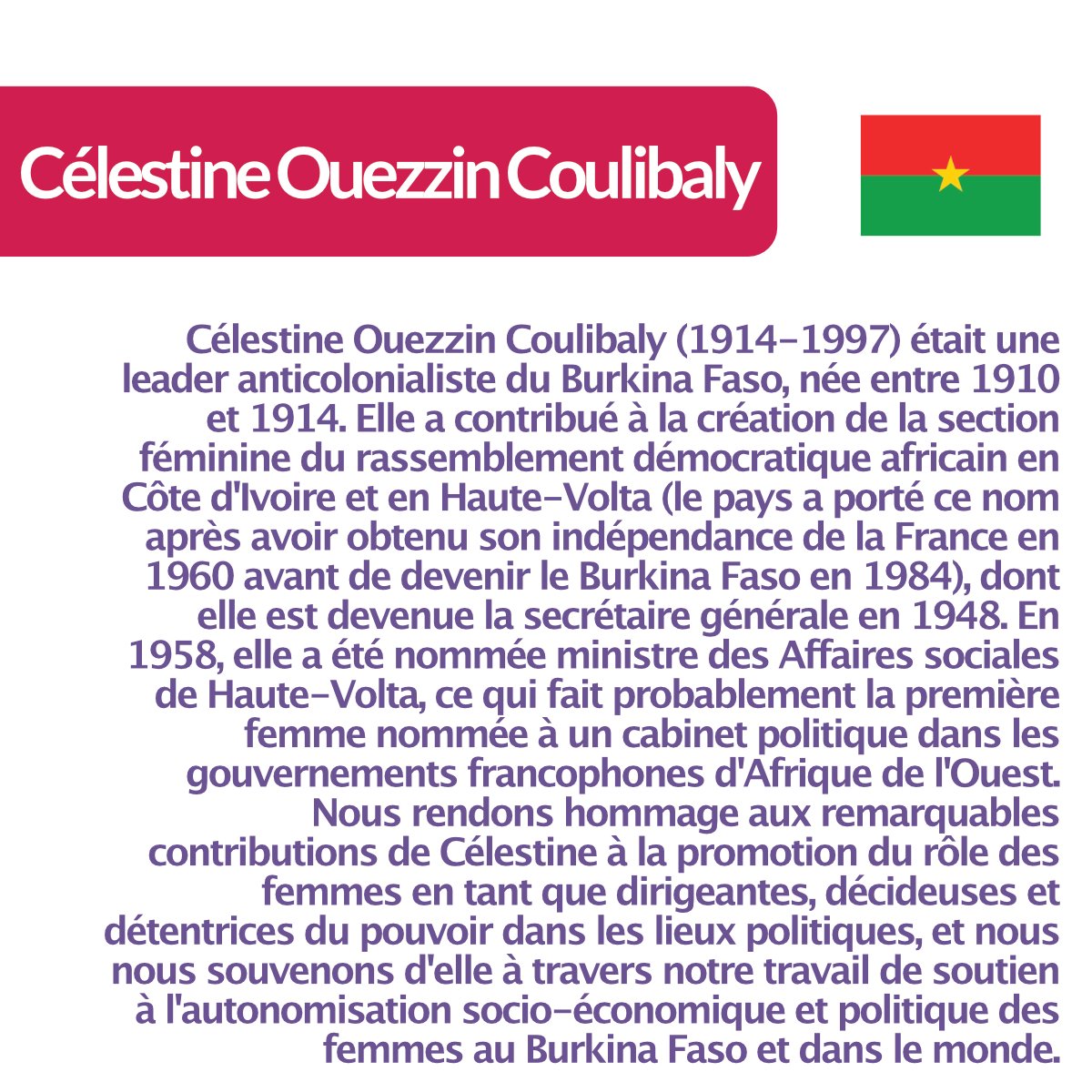 CatalystasC's tweet photo. Célestine Ouezzin Coulibaly (1914-1997) was an anti-colonialist leader in #BurkinaFaso, born between 1910-1914. She helped to establish the women's section of the Rassemblement Démocratique Africain, becoming its secretary general in 1948. 
#WomensHistoryMonth #WHM2022 https://t.co/peJnLARnL9