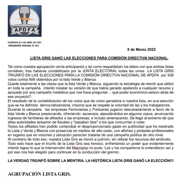 waltercorreaok's tweet photo. Un abrazo a las y los compañeros de la Lista Gris de APDFA por la victoria conseguida en las elecciones para Comisión Directiva Nacional. https://t.co/ckMC3GX2Xs