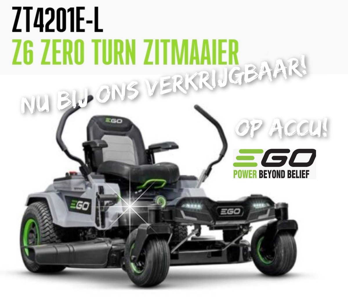 NIEUW!   Maait tot wel 10.000m2 op 1 acculading (6x12Ah accu’s)
De Z6 zero turn zitmaaier is ongekend sterk en heeft een vermogen gelijk aan een brandstofmotor van 22pk.  Er is geen enkele zitmaaier die u deze
mogelijkheid biedt.