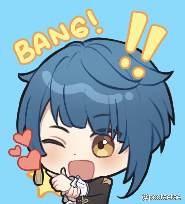 xingqiu (genshin impact) 1boy male focus one eye closed blue hair simple background solo heart  illustration images