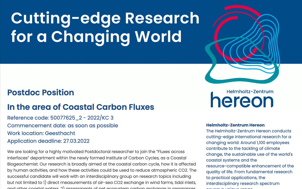 🚨#JobAlert 

What the flux, only 2 weeks left to apply?! Come join us!
1) 2-3 yr #postdoc in coastal GHG fluxes: #eddycovariance|#offshorewind|#bluecarbon
2) #PhD: Elbe River GHGs and lateral DIC+ALK fluxes (isotopes+trace elements)

Apps at: bit.ly/3IYXBjw
pls share+RT