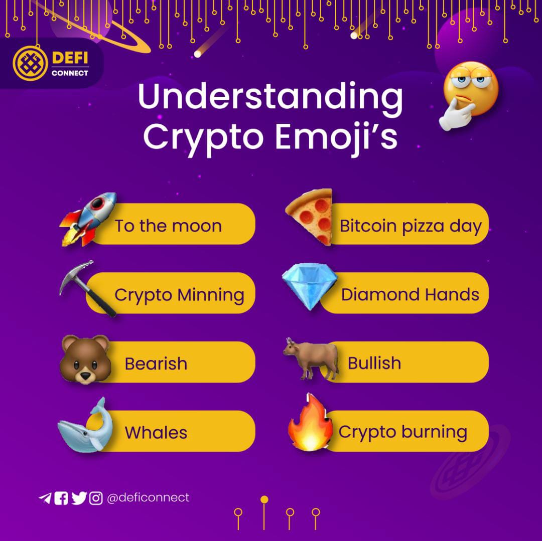 deficonnect's tweet photo. Lets take a break away from the usual to explain a few #crypto emojis you might not have been familiar with. 

Do you have more? 
Drop it as a comment below and let's educate the newbies 😎👇
.
#dfc
#deficonnect #delta7 #nftart
#Metaverse
#NFTs #cryptotrading #BTC #BSC #Ukraine️ https://t.co/n2WisnwPbO