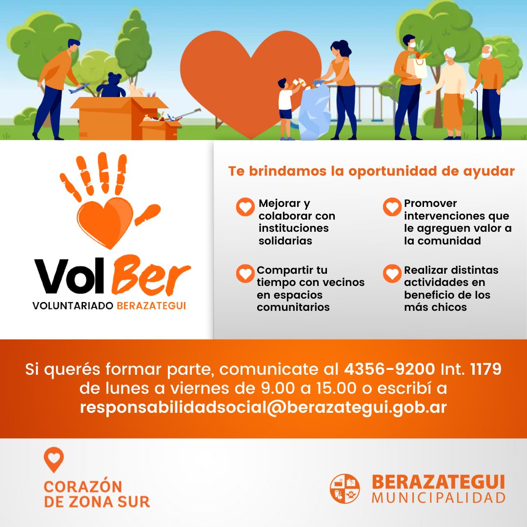 MuniBerazategui's tweet photo. Sumate a #VolBer, el voluntariado de #Berazategui 🧡 .
Colaborá con instituciones solidarias, espacios comunitarios y actividades para los más chicos.
Conocé cómo podés formar parte ↓
#ResponsabilidadSocial #Trabajo #BerazateguiCorazonDeZonaSur https://t.co/X3mOBC4dMq