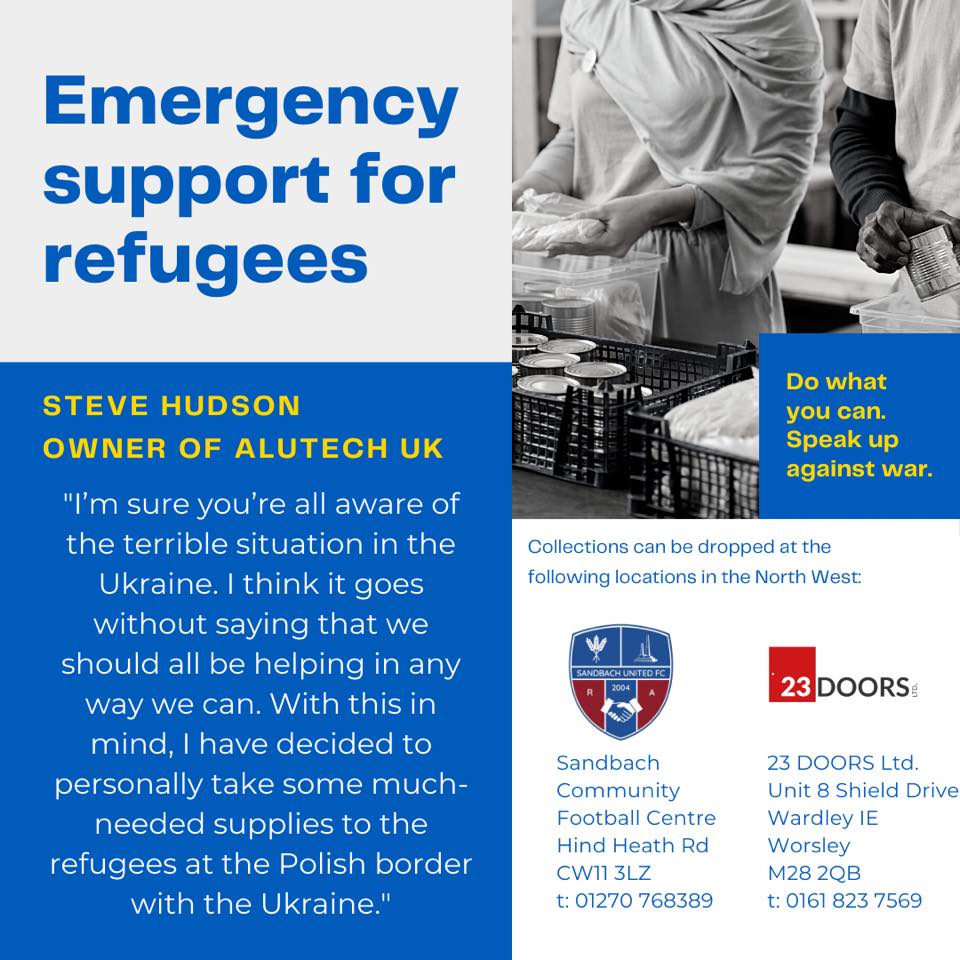 Sandbach United are working in conjunction with <a href="/AlutechSystems/">Alutech Systems</a> and <a href="/23doorsonline/">23DOORS</a> as we all stand with Ukraine. Two collection points have been set up in Sandbach and Manchester for anyone who would like to donate. Feel free to contact us for more info.