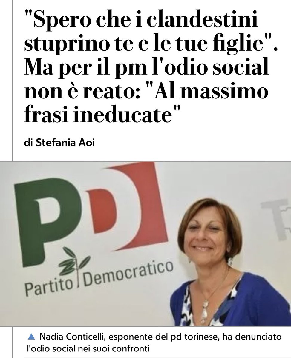 lauraboldrini's tweet photo. Per la Procura di Torino rivolgersi così sui social a una donna non costituisce reato.

"Solo maleducazione", ha scritto il pm nella richiesta di archiviazione: una scelta gravissima!

Solidarietà a @nadiaconticelli per le minacce subite: l'odio va fermato, non giustificato. https://t.co/zinTdDkMvc
