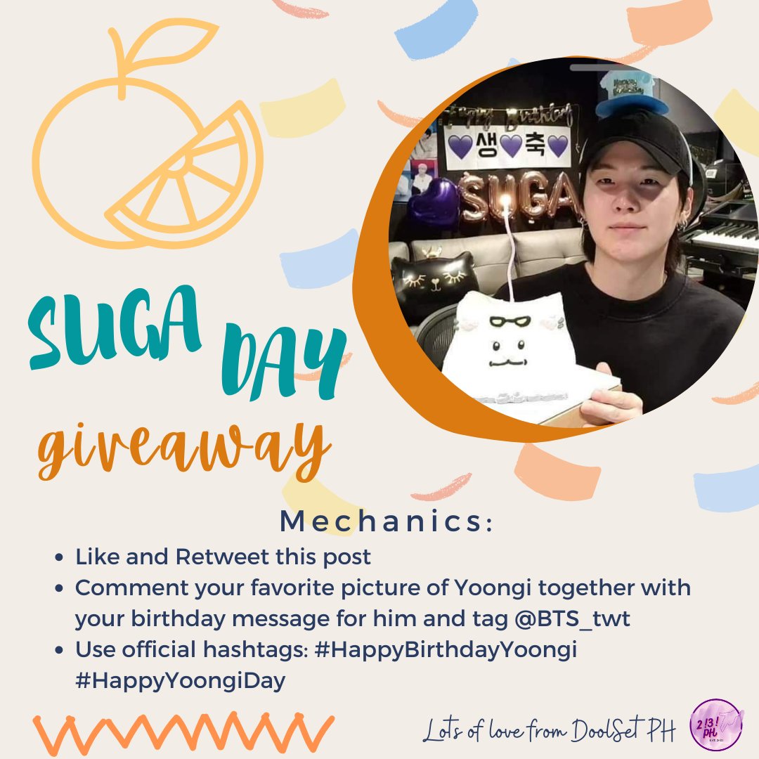 doolsetPH's tweet photo. Happy YOONGI Day! @BTS_twt
#DoolSetPHGA
In celebration of Yoongi's birthday, we are hosting a quick giveaway π
GA prizes:
- 7 winners of β±50 GCash
Ends tomorrow at 3:09PM, PH Time
#HappyBirthdayYoongi #HappyYoongiDay #HappySugaDay https://t.co/P8XGKJ0zFz