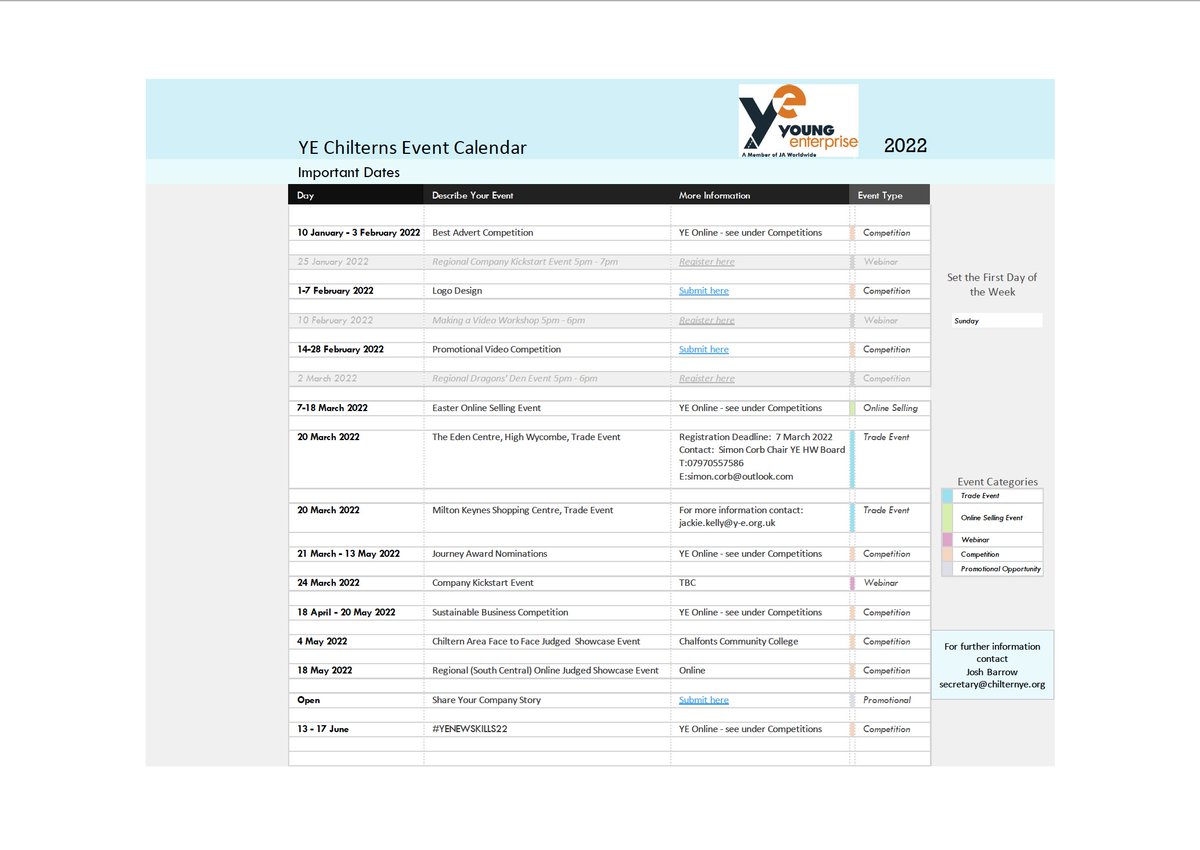 Young Enterprise Chilterns (@ye_chilterns) on Twitter photo Here's an updated YE Chiltern Area Events Calendar for upcoming events for our local teams. Save it & check it during your weekly team meetings.
<a href="/CGSInspiration/">CGS Careers</a> <a href="/DcgsFriends/">DCGS Friends</a> <a href="/DCHS_Careers/">DCHS Careers</a> <a href="/CGS_PTA/">Friends of CGS</a> <a href="/TheMisbourne/">The Misbourne</a> <a href="/ChallonersGS/">DCGS</a> <a href="/CHAChesham/">ChilternHillsAcademy</a> <a href="/CCChalfonts/">The Chalfonts Community College</a> @Becky_High @CgsLifeskills Here's an updated YE Chiltern Area Events Calendar for upcoming events for our local teams. Save it & check it during your weekly team meetings.
<a href="/CGSInspiration/">CGS Careers</a> <a href="/DcgsFriends/">DCGS Friends</a> <a href="/DCHS_Careers/">DCHS Careers</a> <a href="/CGS_PTA/">Friends of CGS</a> <a href="/TheMisbourne/">The Misbourne</a> <a href="/ChallonersGS/">DCGS</a> <a href="/CHAChesham/">ChilternHillsAcademy</a> <a href="/CCChalfonts/">The Chalfonts Community College</a> @Becky_High @CgsLifeskills