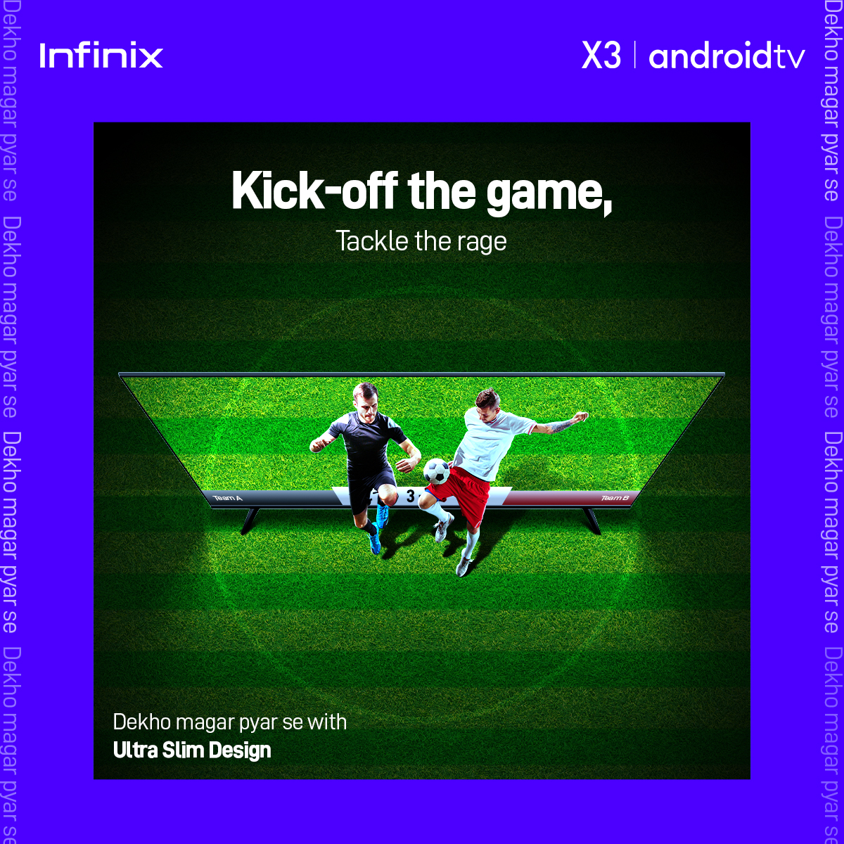 InfinixIndia's tweet photo. Play the game on the field not off the field. #DekhoMagarPyarSe with the ultra slim Infinix X3 Android TV. Launching tomorrow only on @Flipkart.
Know more: https://t.co/bNca1nZKXJ https://t.co/fwVJ2PwoVX