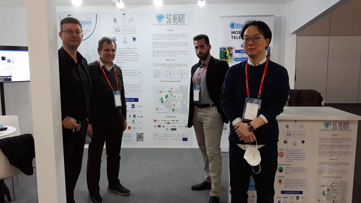 More photos from @MWC22: at booth of 5G-HEART &amp; 5G-TOURS EC Horizon2020 Projects, with other Partners (Simon Fletcher (RW), Panayiotis Verrios (ACTA), Konstantinos Tzalas (ACTA), Kim Haesik (VTT)).