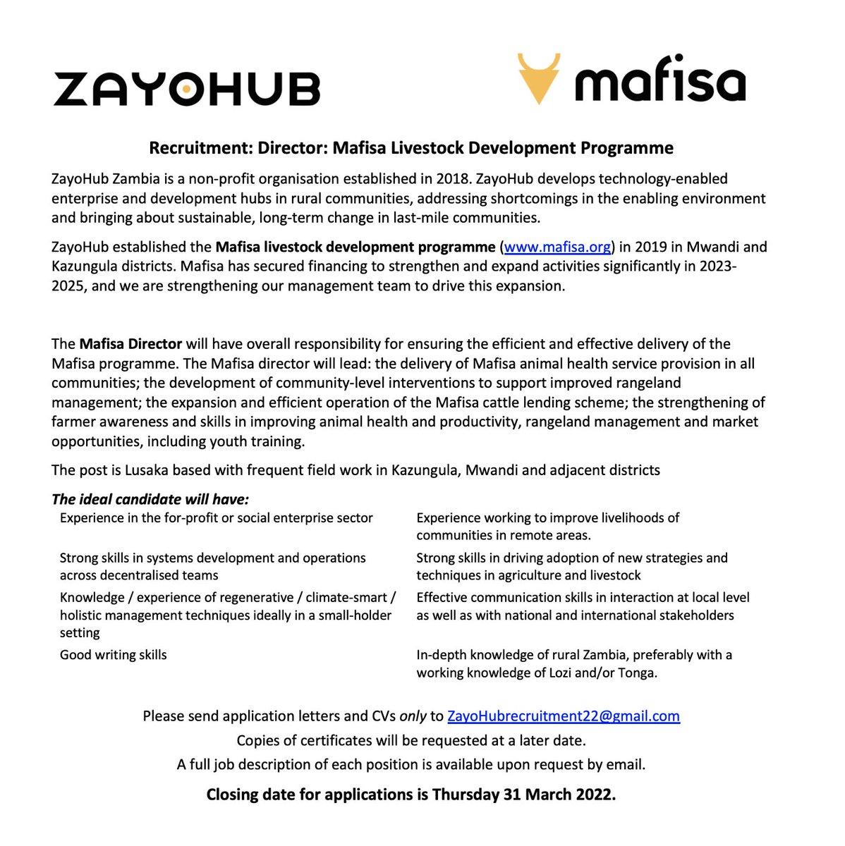 MafisaZambia's tweet photo. We are recruiting! A great opportunity to join us and play a key role in our expansion. The Mafisa Director has overall responsibility for the efficient and effective delivery of the programme.

Climate smart, productive livelihoods in traditional cattle-raising communities https://t.co/pjtPjtqmdN