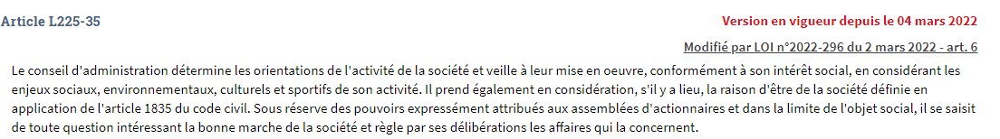 TVuarnet's tweet photo. Nouvelles (et surprenantes) modifications de l'article L. 225-35 du Code de commerce définissant les fonctions du conseil d'administration dans les sociétés anonymes.

(Loi n° 2022‑296 du 2 mars 2022 visant à démocratiser le sport en France) https://t.co/EdStebirgG
