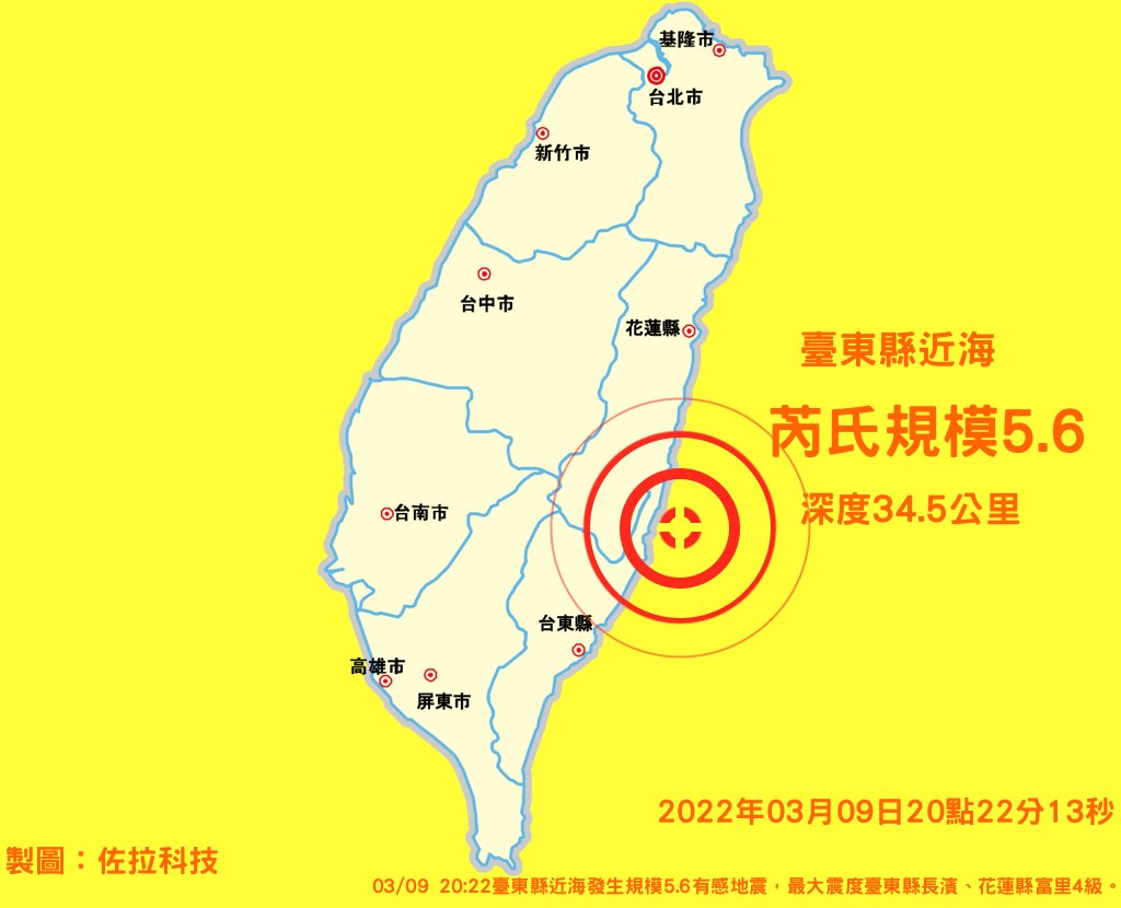 剛才的有感地震在哪裡 黃色地震報告 芮氏規模5 6深度34 5公里的 地震發生在臺東縣政府北北東方62 3公里 位於臺東縣近海 地震時間 22年03月09日點22分13秒本警報滯後5分鐘中央氣象局發佈 詳情 T Co Zja03u3ozq T Co Entvywoo1y