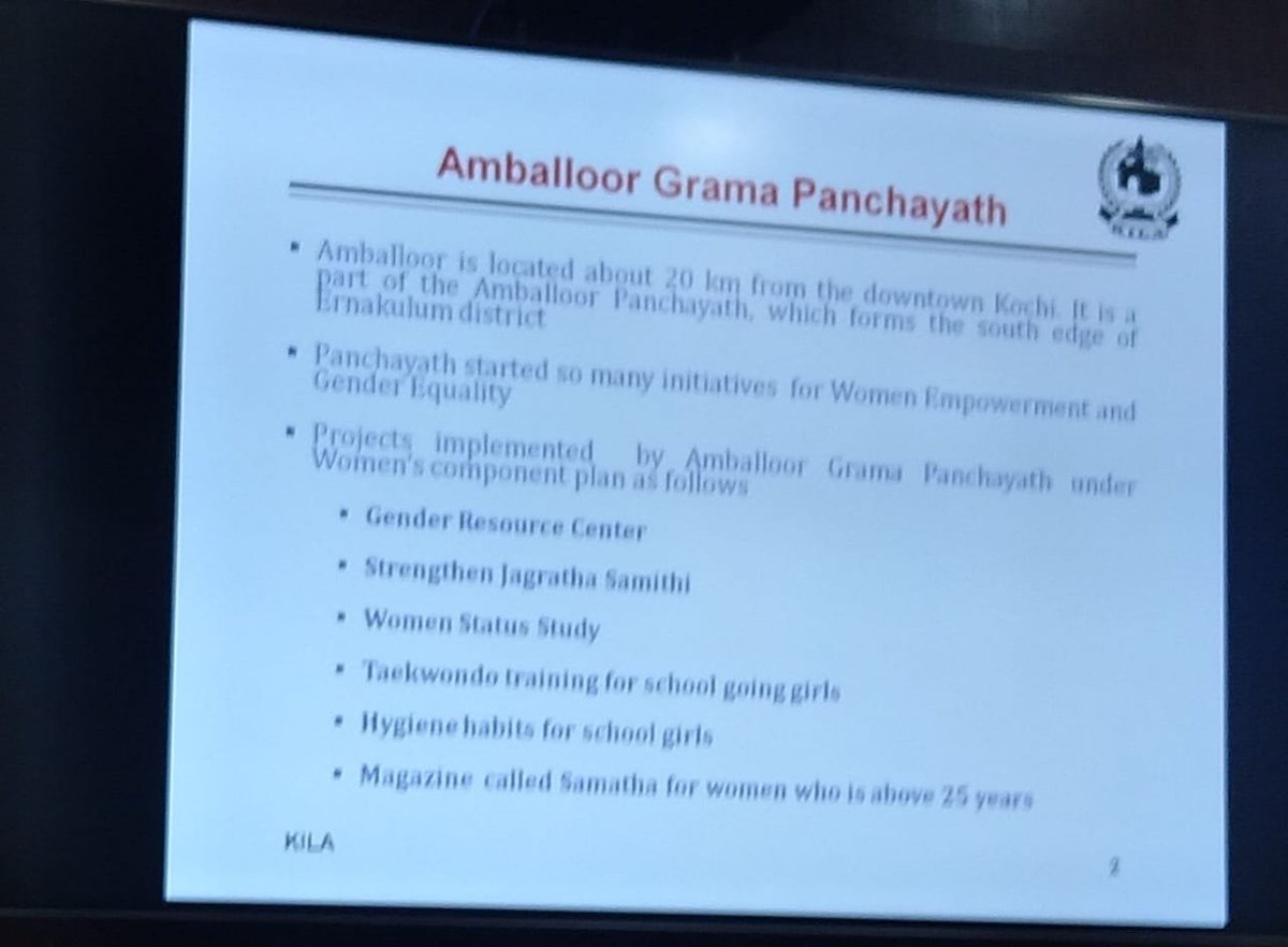 Presentation by Shri Biju Thomas, President of #Amballoor Gram Panchayat in #Kerala highlighting the initiatives undertaken to create women friendly Gram Panchayat.

#Amballoor Gram Panchayat has its own Gender Policy and Gender Response Centre.

#KILA
#WomenFriendlyPanchayat