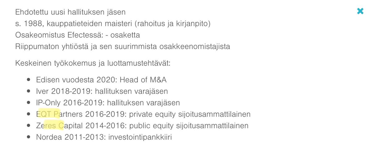 zijoittaja's tweet photo. Efecten hallitukseen ehdolla uusi jäsen tulevassa yhtiökokouksessa. Det är han. Oletan, että on 🇸🇪. #EQT ja #Zeres tausta. Erikoisosaaminen ilmeisesti M&A.
Puoli tunti vielä ja sitten alkaa #EfecteCMD2022 https://t.co/ADaejrLpzg