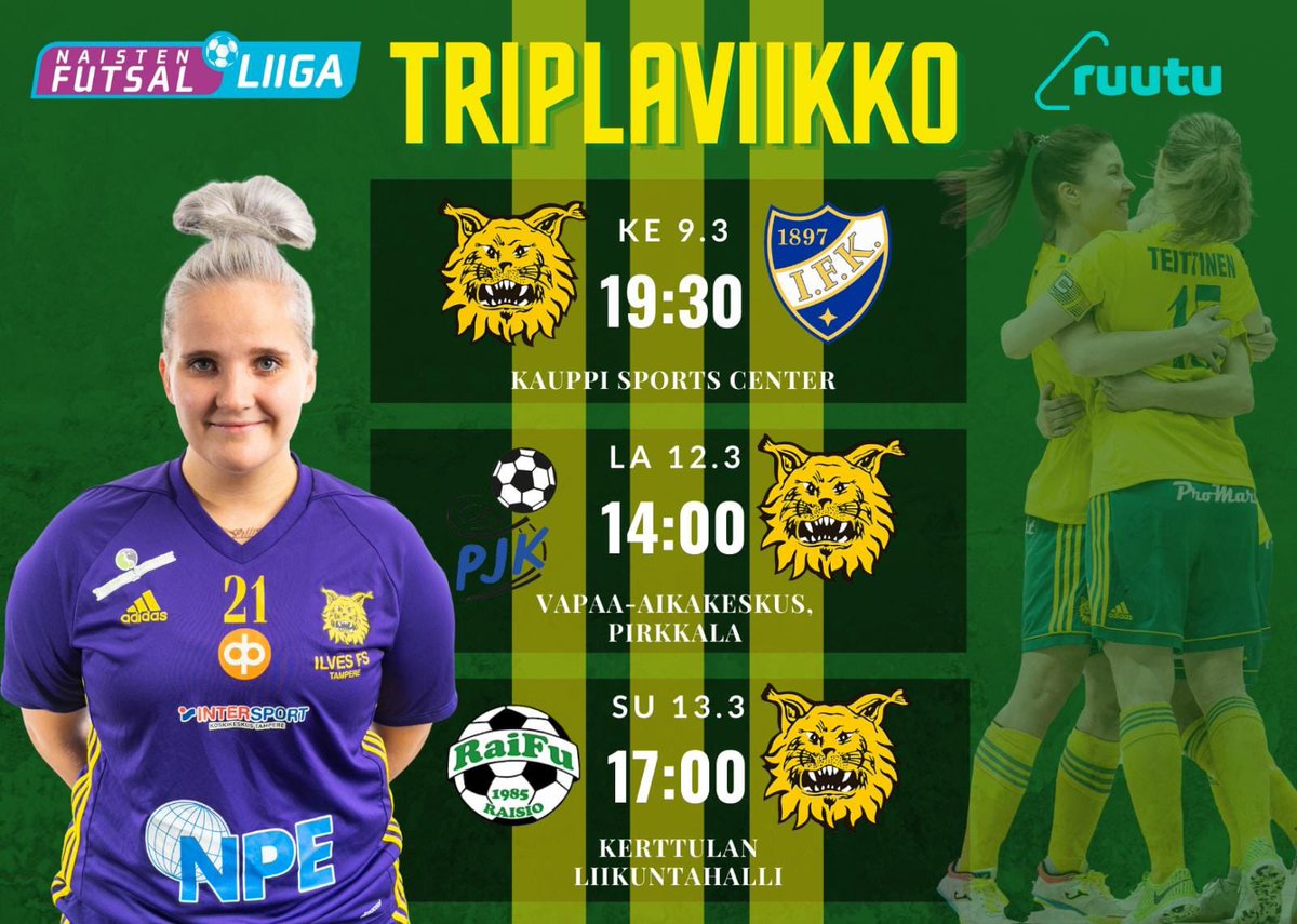 Ilves-naiset aloittavat keskiviikko-illassa kolmen ottelun ”härkäviikkonsa” pelaamalla runkosarjan viimeisen kotiottelunsa. Sarjapeli VS <a href="/HIFK_Futsal/">HIFK Futsal</a> siirrettiin tammikuulta ja nämä joukkueet nähdään siis tänään klo 19.30 <a href="/KauppiCenter/">Kauppi Sports Center</a> parketilla. #futsalfi