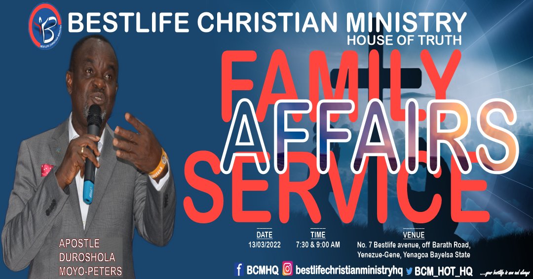 BCM_HOT_HQ's tweet photo. The family is power packed, which is why God is interested in the running and success of your family. Come and learn the Biblical principles for family living at our family affairs service.
#BCM #Houseoftruth #familyaffairs #apostledurosholamoyo #yourbestlifeisnowandalways https://t.co/hKJlnbzhKk