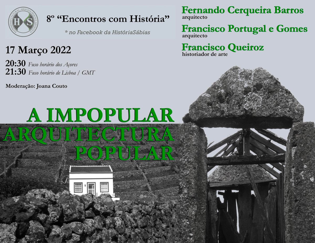 No próximo dia 17 de Março:

A impopular Arquitectura Popular - 8º "Encontros com História"
Fernando Cerqueira Barros
Francisco Portugal e Gomes
Francisco Queiroz

@: facebook.com/events/1138511…