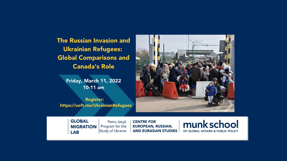 Join us this Friday, March 11, 10 am  for a panel discussion on the topic "The Russian Invasion and Ukrainian Refugees: Global Comparisons and Canada’s Role"
Registration:bit.ly/3pOu58k
#WARINUKRAINE